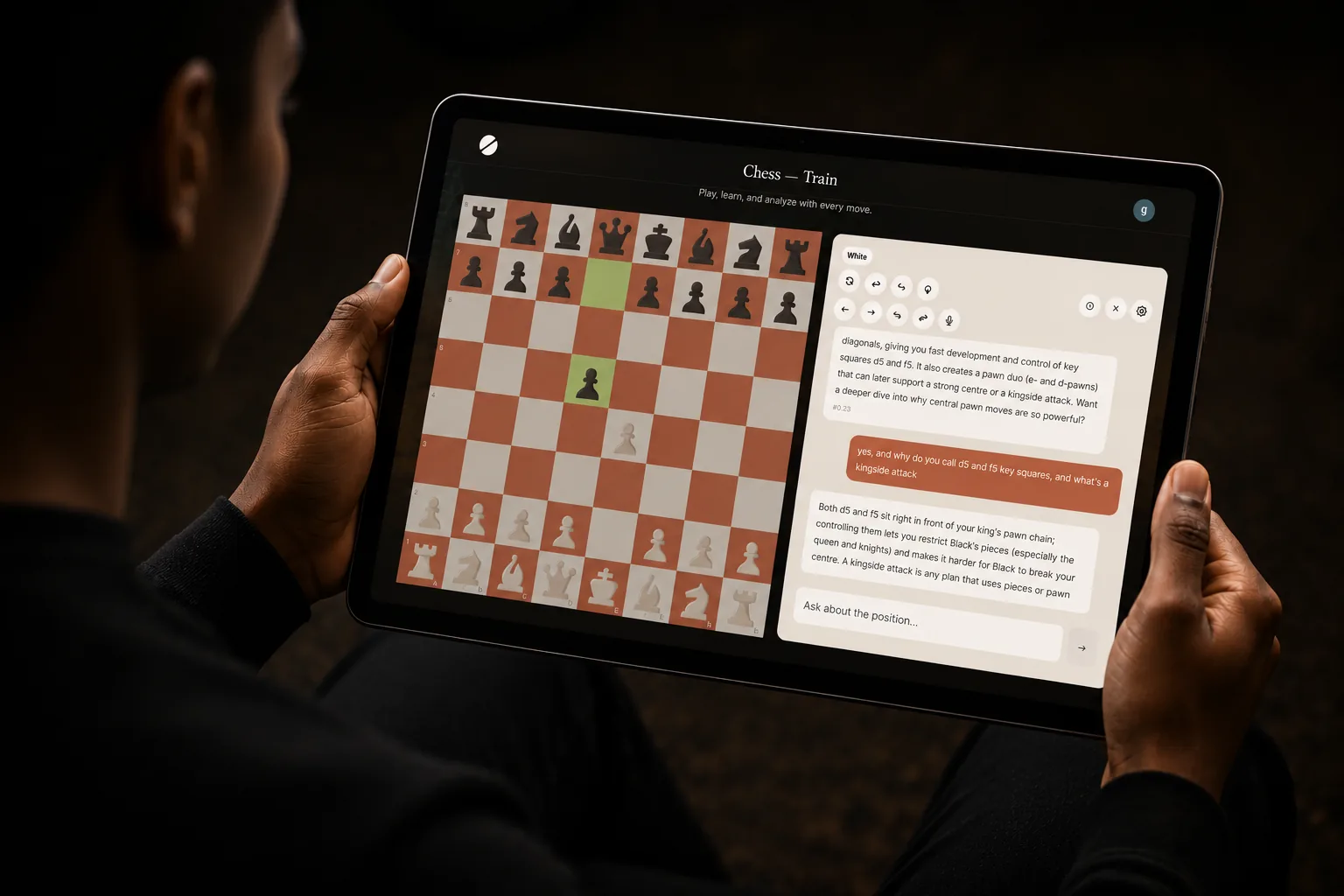 The e4 AI chess coach analysing a game move by move