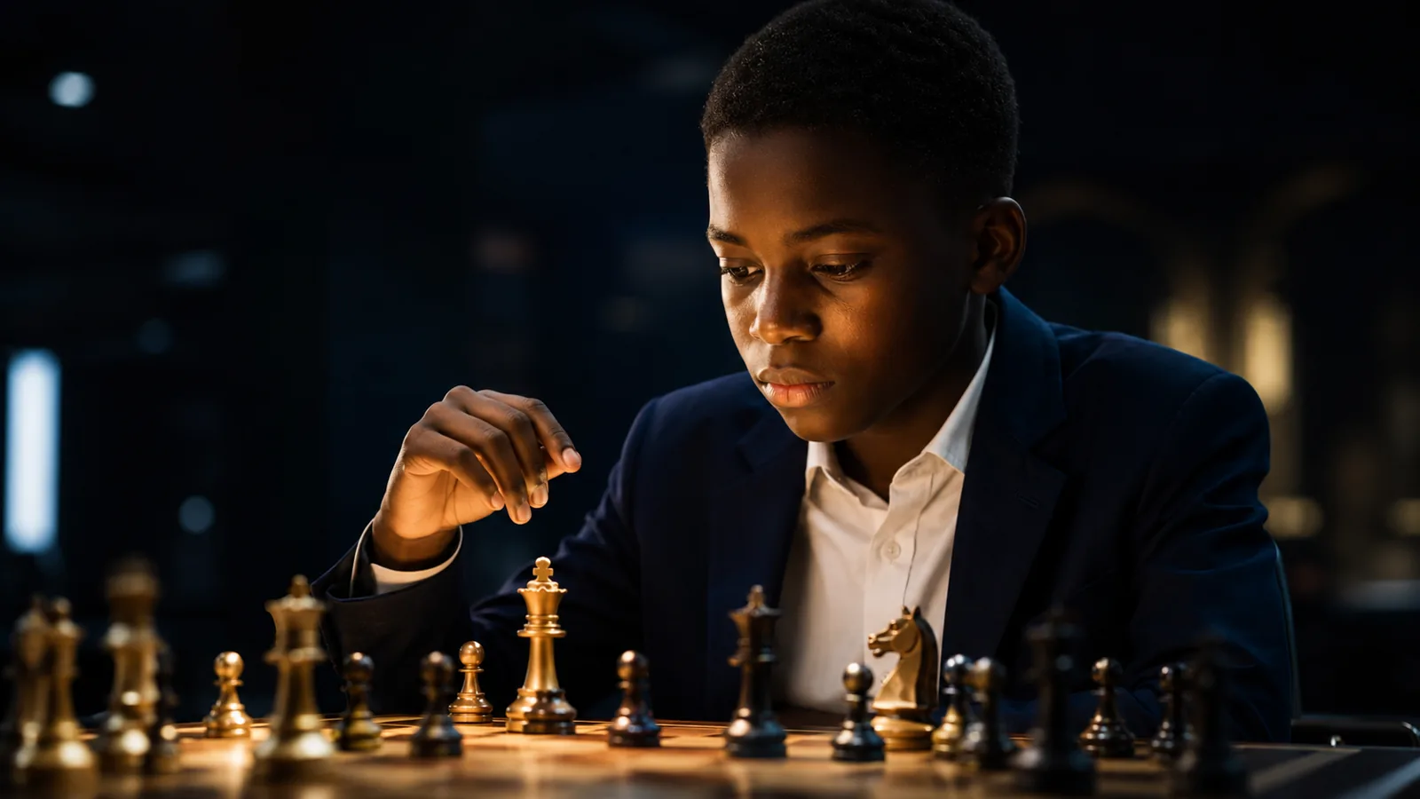 A young chess player aged 10 to 14 making a move at the BEEE Spectacular Chess Championship in Abuja